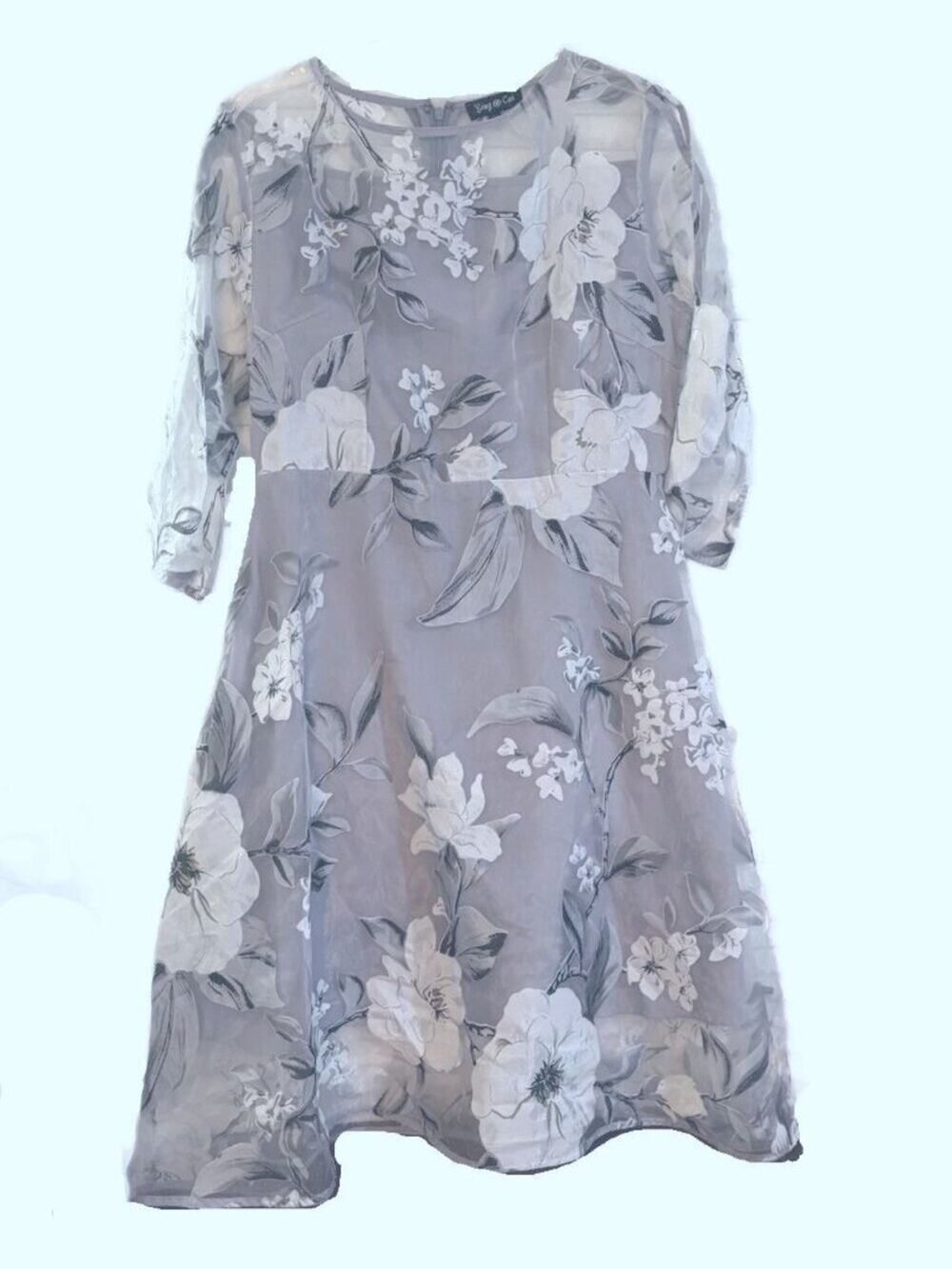Ying@cai sheer gray floral dress Women's L lined zip back 3/4 sheer sleeves
